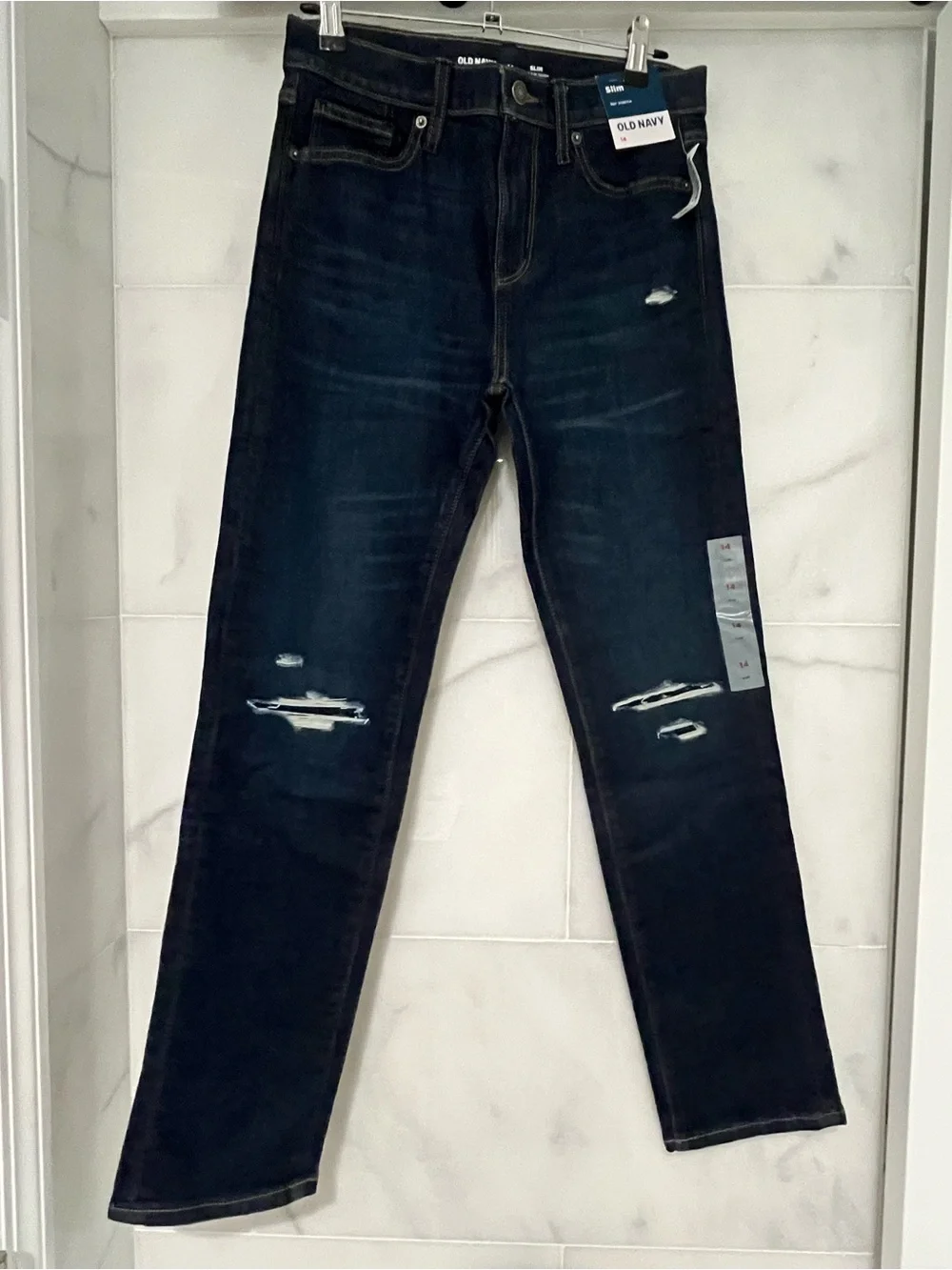 Old Navy Dark Indigo Distressed Slim 360 Degree Stretch Jeans Boys Size 14